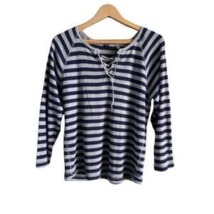 American Eagle Gray Blue Striped Laced Up Henley Long SLeeve Shirt Sz XL